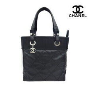 CHANEL Paris Biarritz Tote one shoulder leather bag black charm